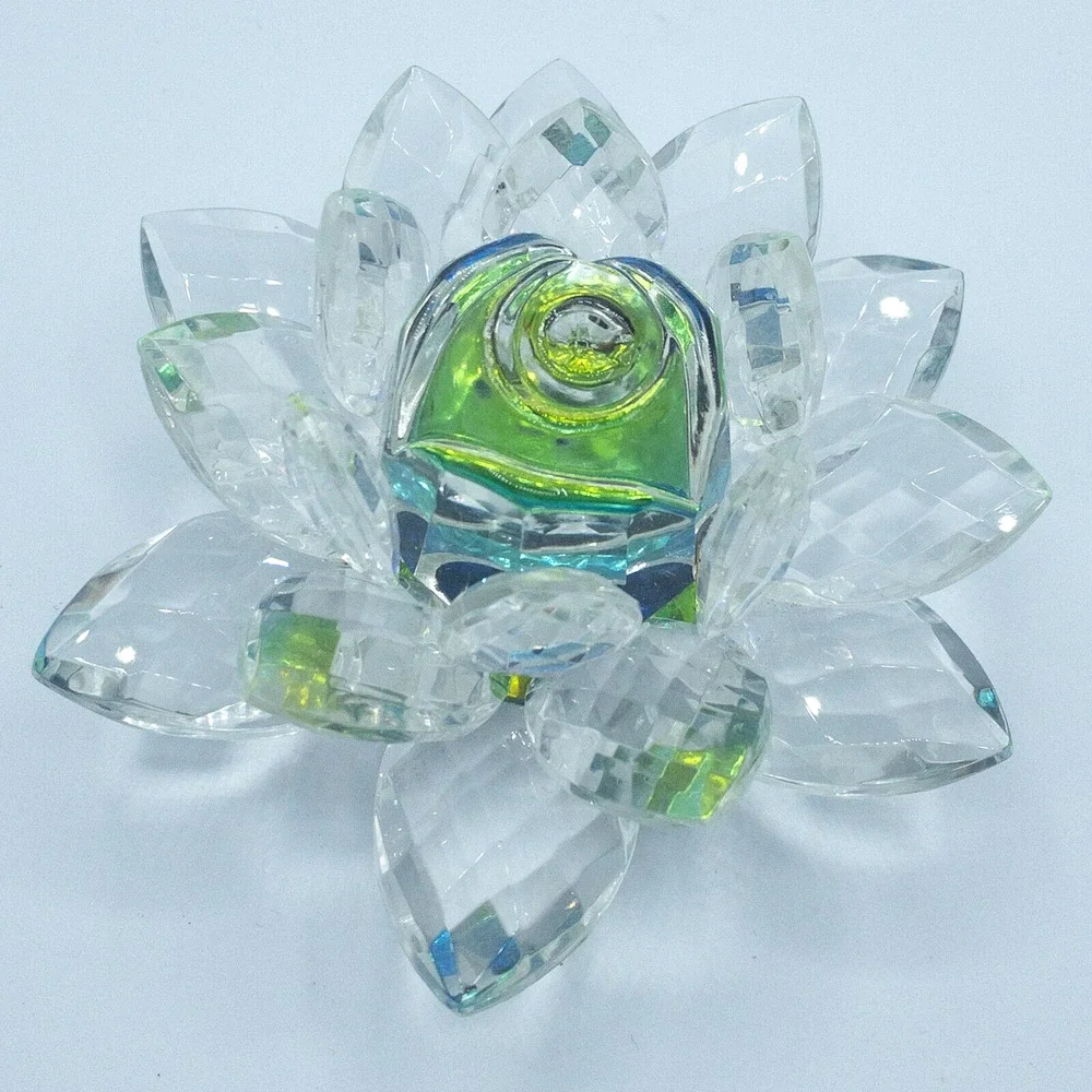 Crystal Lotus Flower Figurine Iridescent Glass Blue Green Decor
